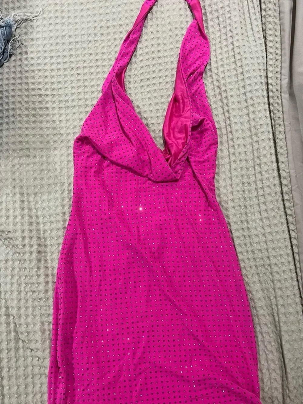 White Fox Boutique Hot Pink Halter Slip Dress with Rhinestone Accents